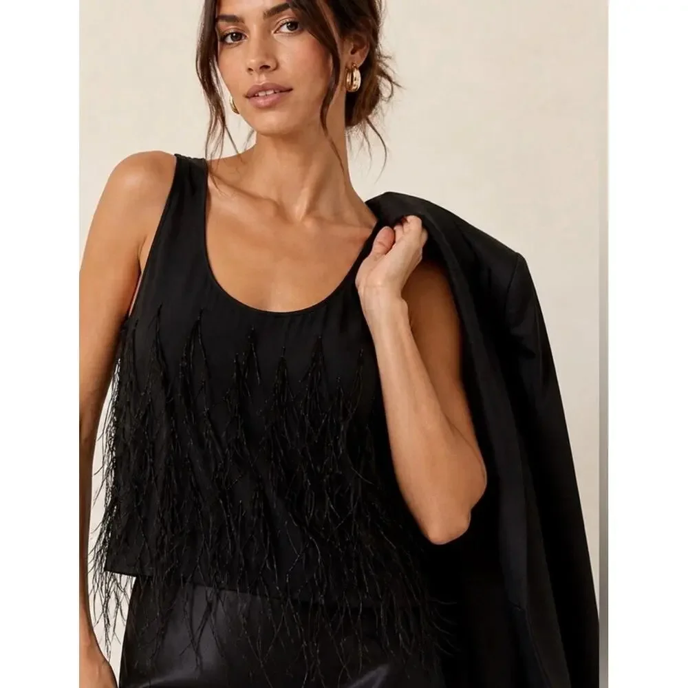 J. Crew Women's Feather-Embellished Tank Top in Chiffon Black Size Small NWT